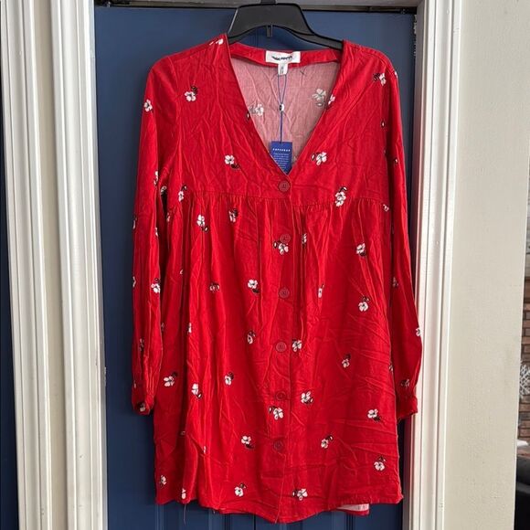 Popsugar Red Babydoll Floral Button-Up Dress Size S NWT - Picture 1 of 6